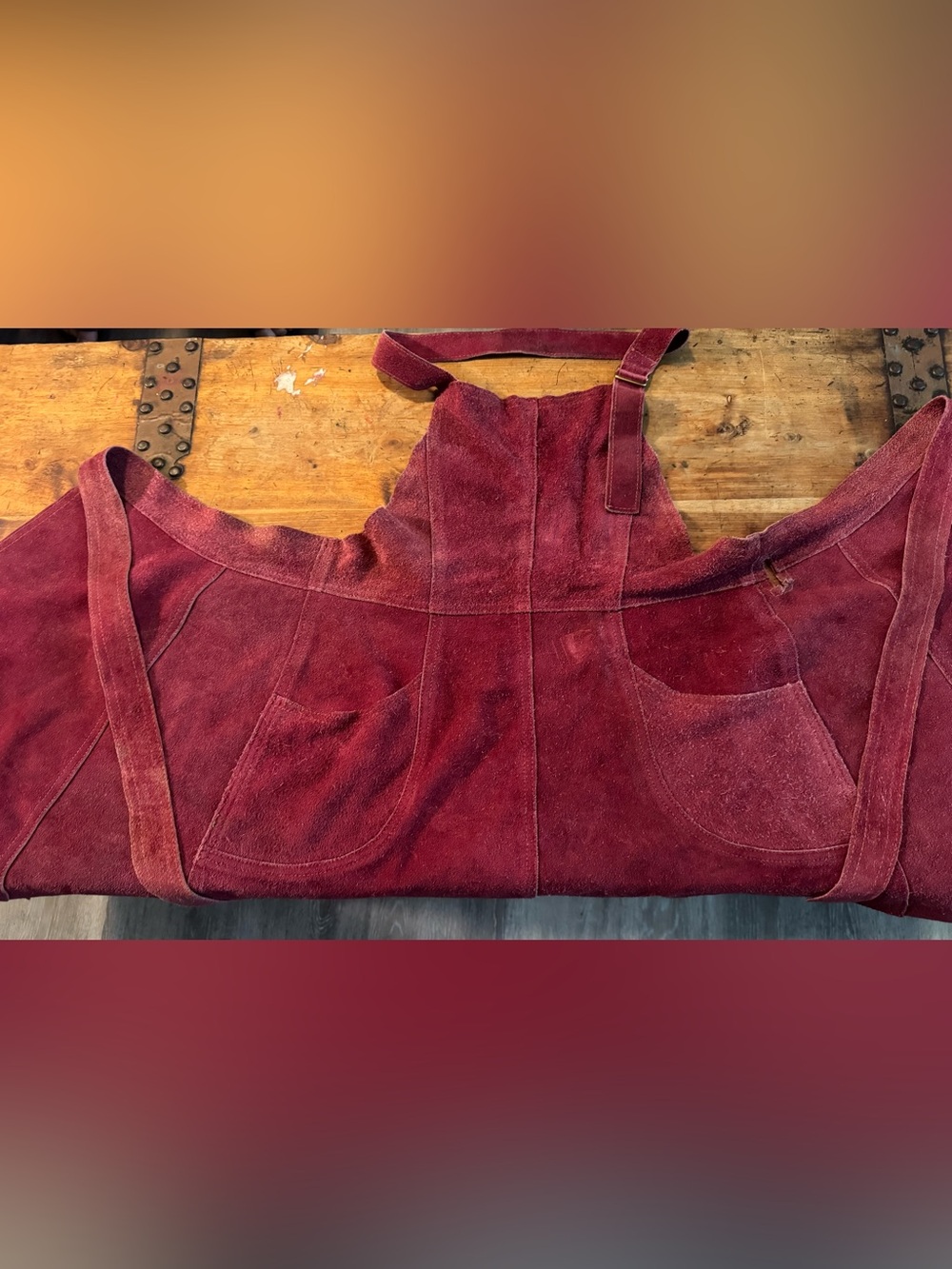 RARE Vintage Zig-Zag Burgundy Suede Pinafore Apron Dress